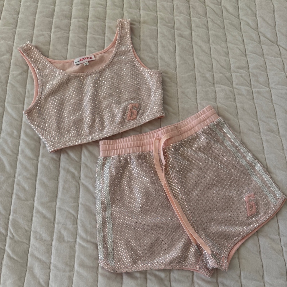 GSUWOO SO REAL Y2K Pink CRYSTAL rhinestone crop top  stripe shorts set Size S